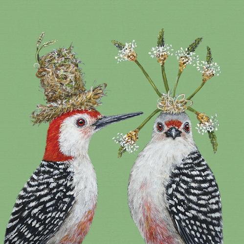Two illustrated Paper Products Design Vicki Sawyer woodpeckers facing forward with whimsical floral hats.