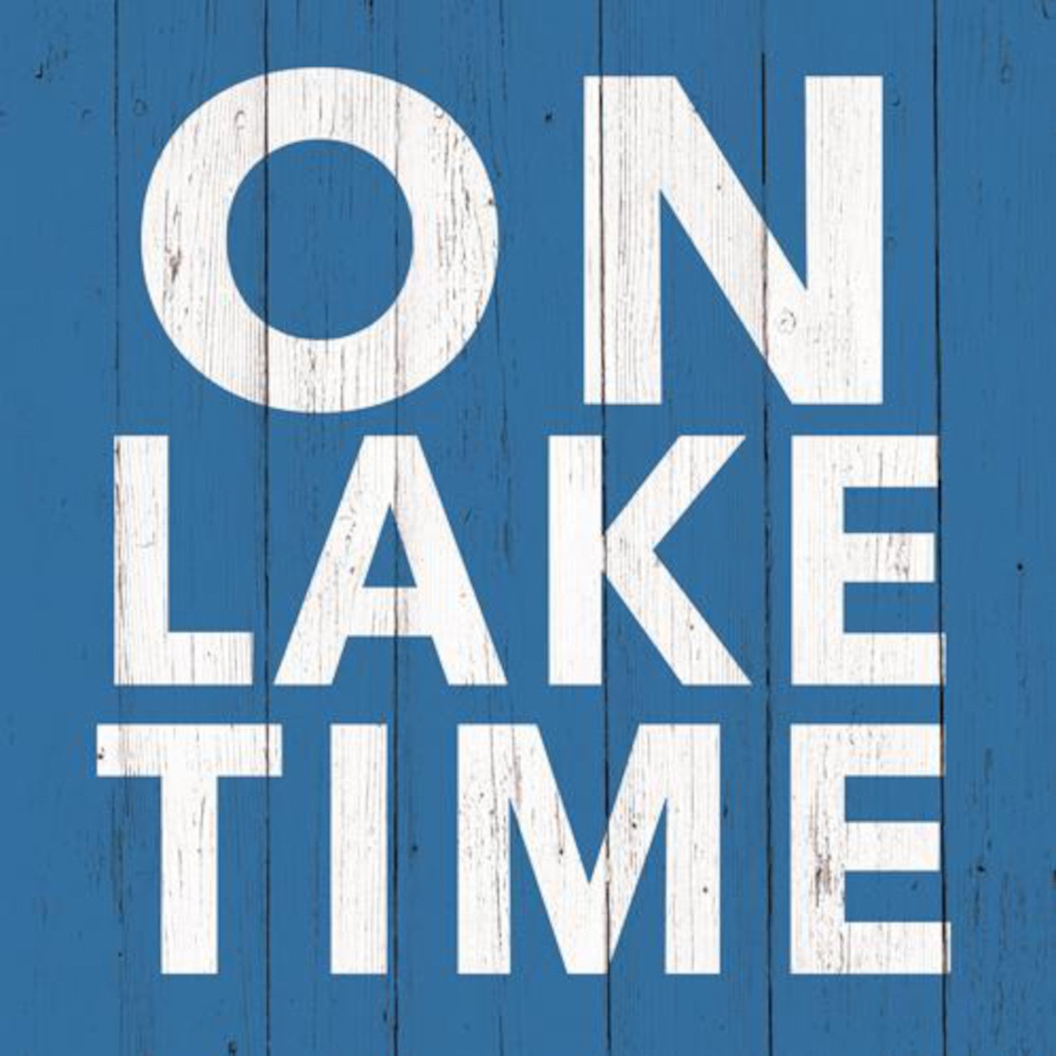 White text reading &quot;On Lake Time&quot; over a blue wooden background, with an image of a Paper Products Design beverage and napkins to the side.