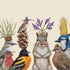 A whimsical illustration by Vicki Sawyer of various animals wearing plant hats, including a hummingbird, birds, and a squirrel on Paper Products Design Party Snacks Beverage Napkins.