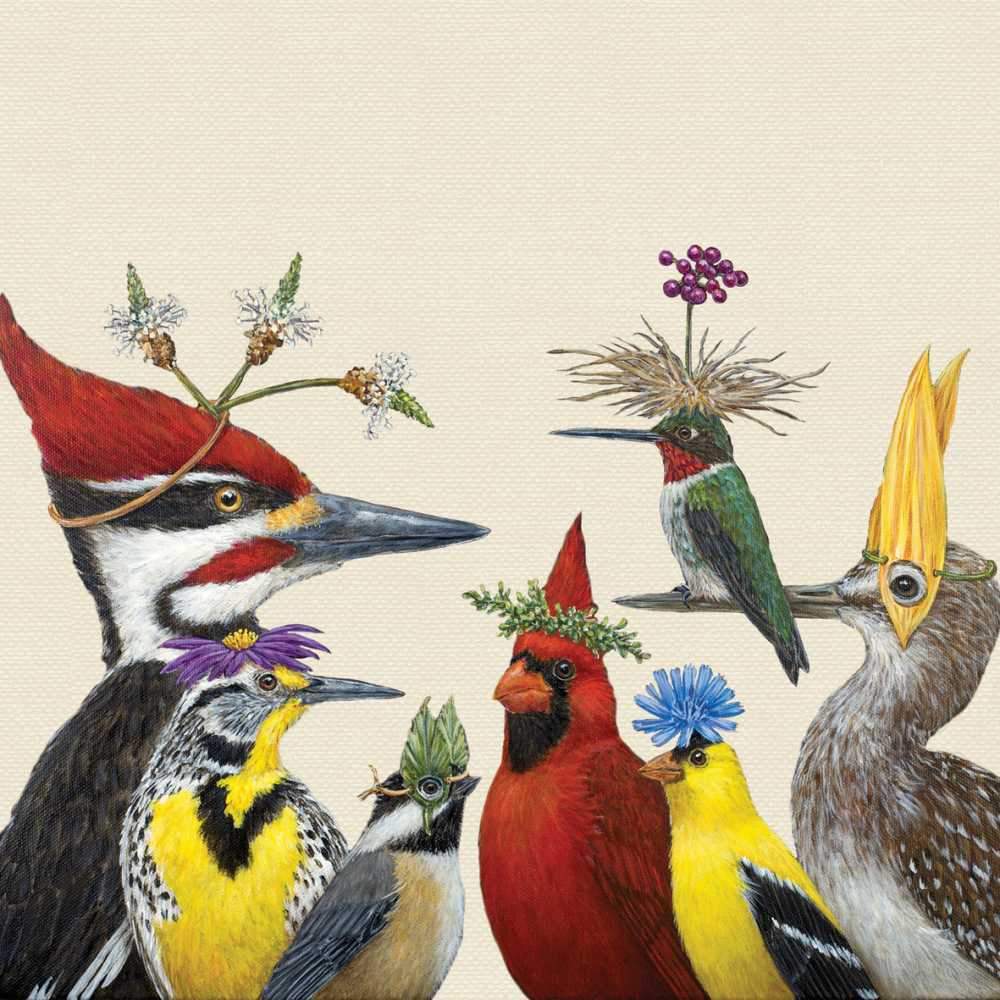 A whimsical illustration by artist Vicki Sawyer of seven birds with various plants and flowers atop their heads, designed for Paper Products Design&