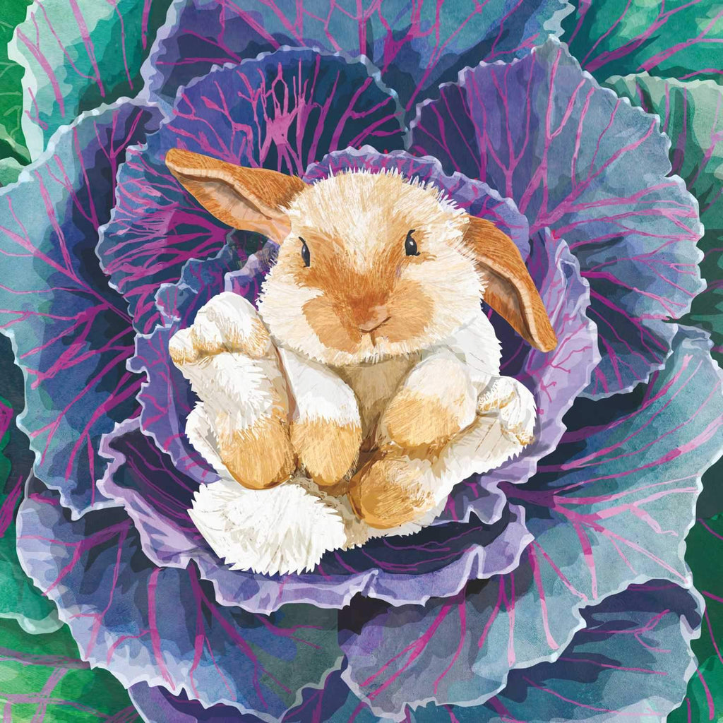 An illustrated rabbit nestled within the petals of a large purple cabbage, symbolizing Easter on Paper Products Design&
