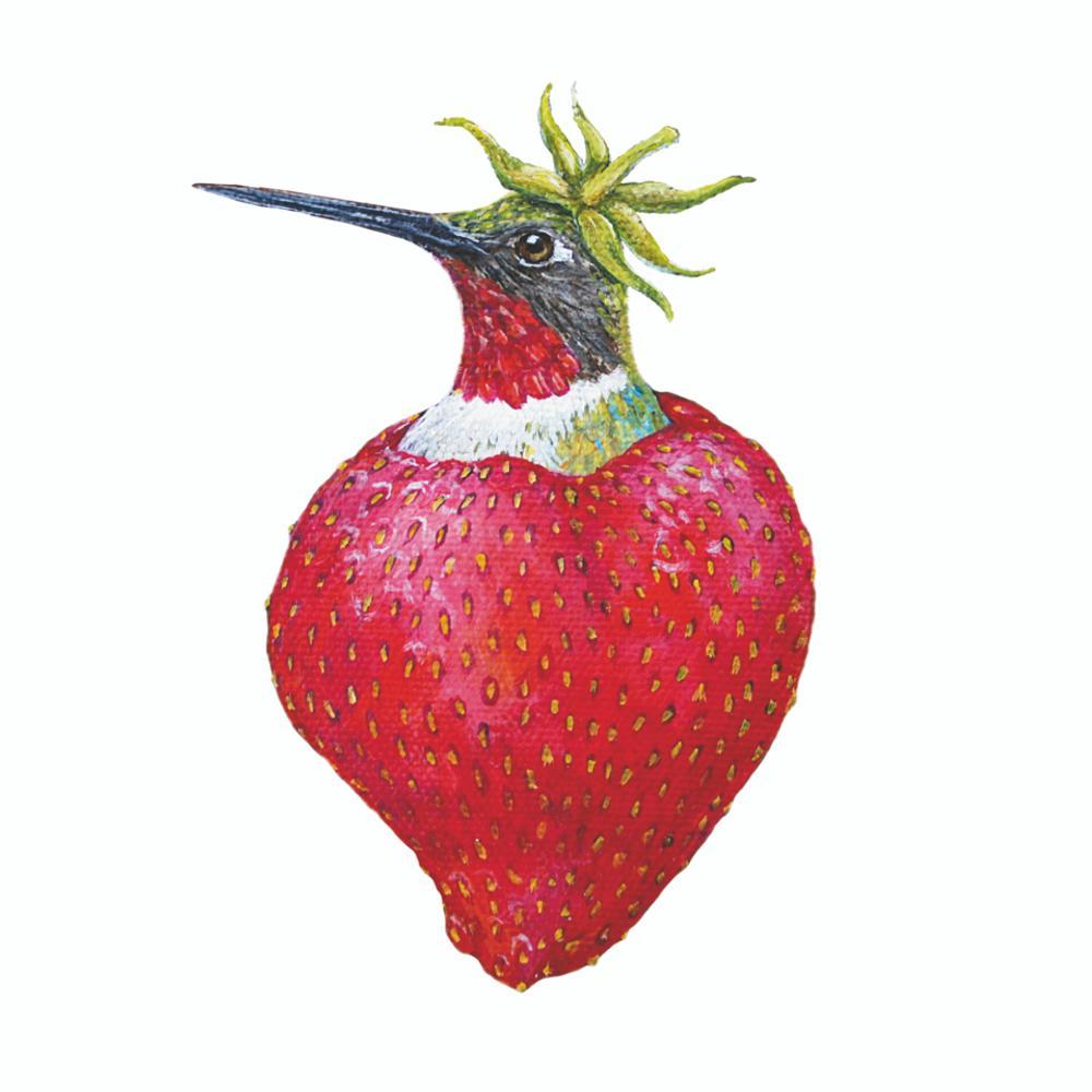 A delightful drawing of a hummingbird with a charming strawberry motif on a Marion Beverage Napkin by Paper Products Design.