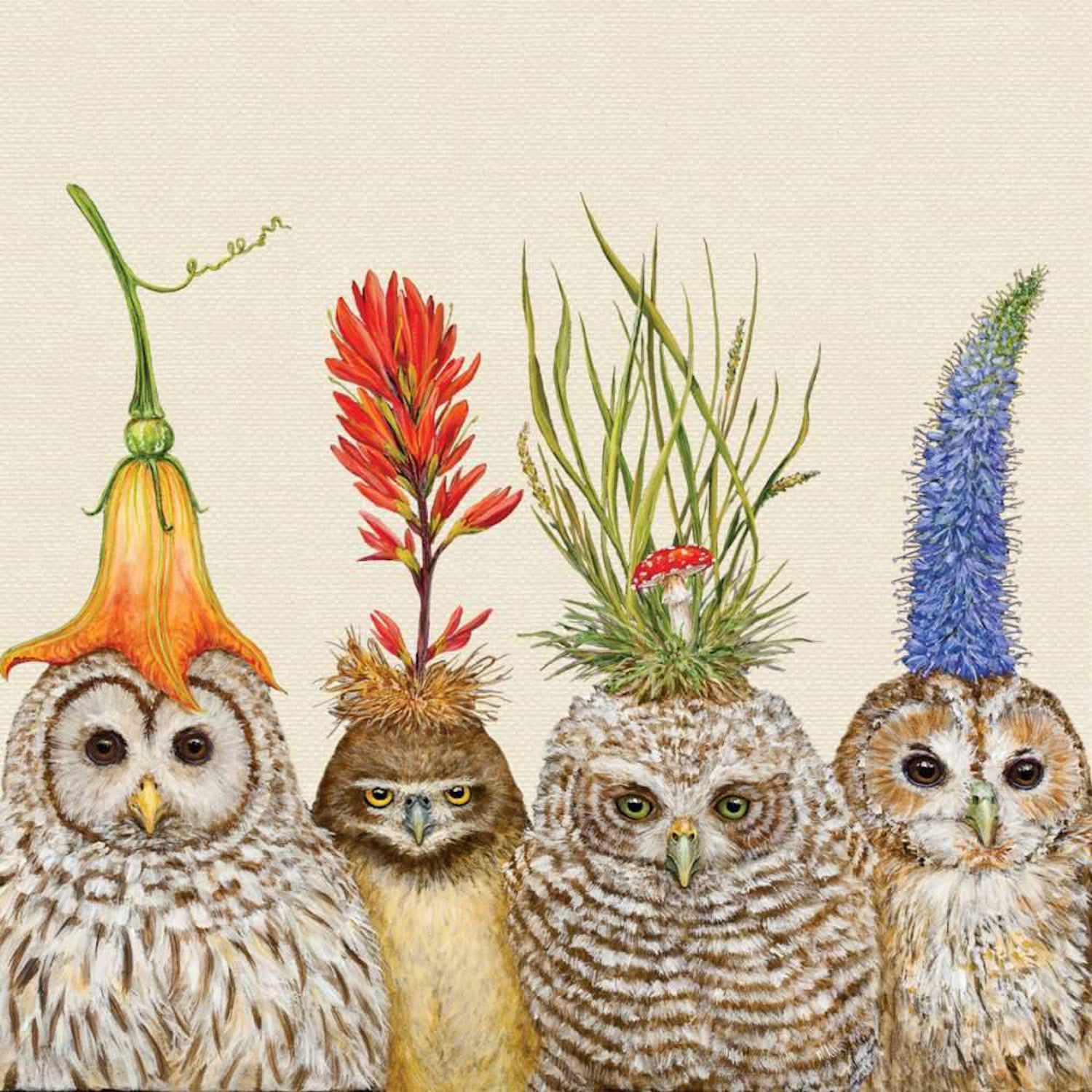 Four owls in a row with different types of plants growing on their heads, depicted on Paper Products Design Big Hat Night Lunch Napkins.