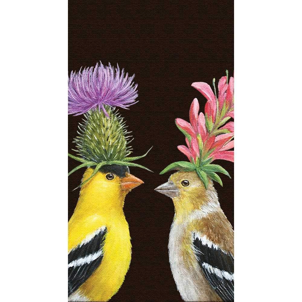 Two Goldfinch Couple birds with colorful flowers on their heads against a dark background, depicted on Paper Products Design Goldfinch Couple Guest Towels.