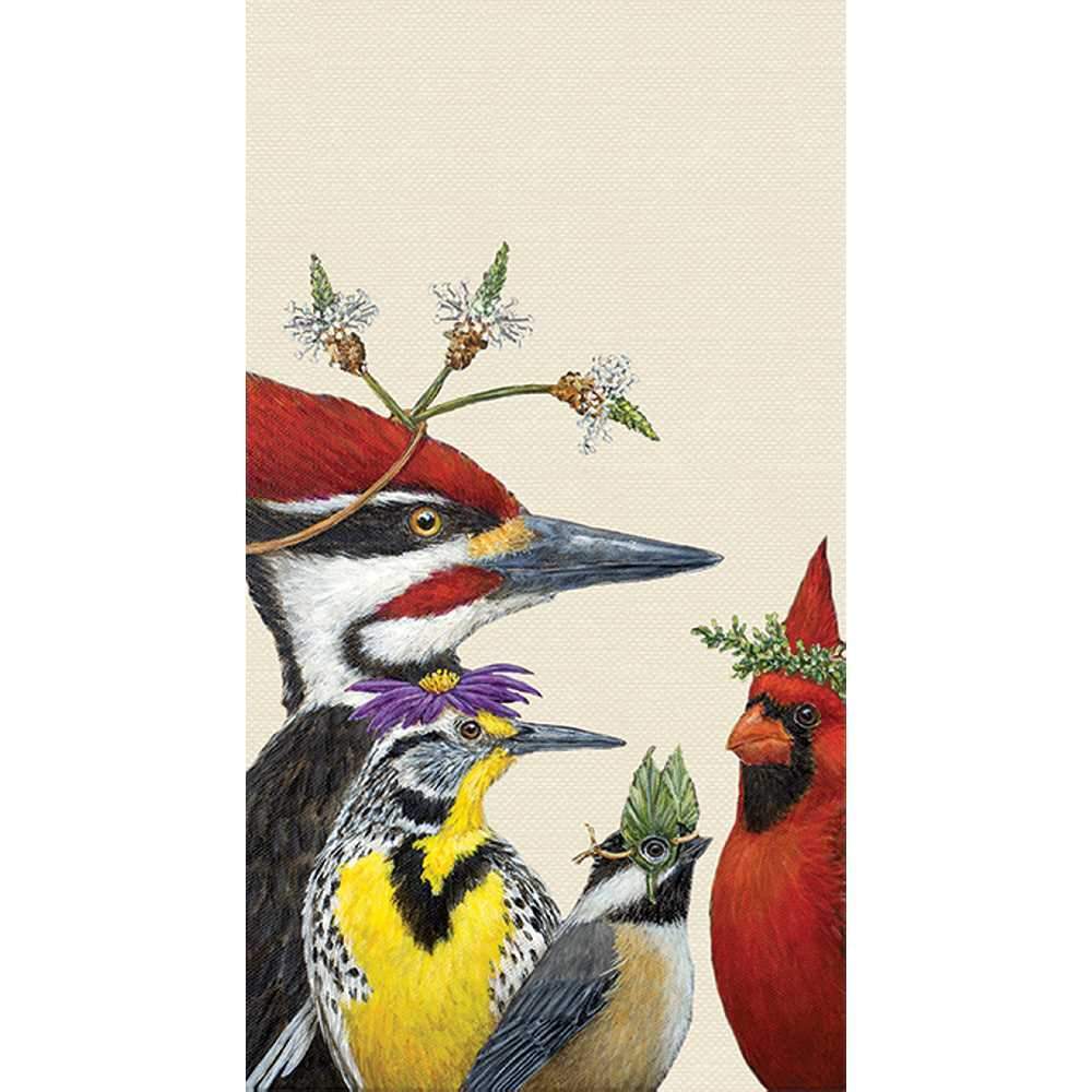 A whimsical Paper Products Design Vicki Sawyer artwork illustration of various birds adorned with small plants and flowers on their heads on Woody’s Annual Party Guest Towel Napkins.
