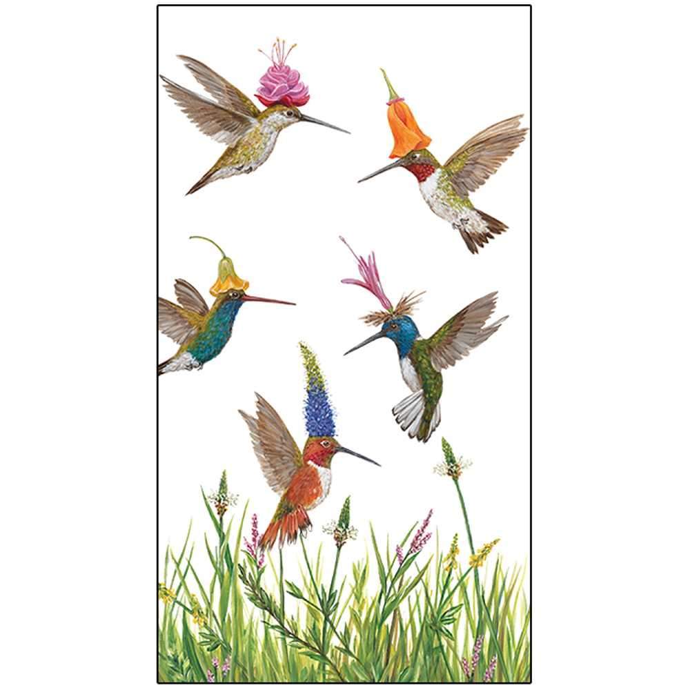 Five hummingbirds hovering near various flowers in a Meadow Buzz Guest Towel in a meadow buzz. (Paper Products Design)