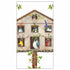 Illustration of a whimsical birdhouse resembling a multi-story building with birds peeking out of the windows adorned with various plants, inspired by the style of Paper Products Design&