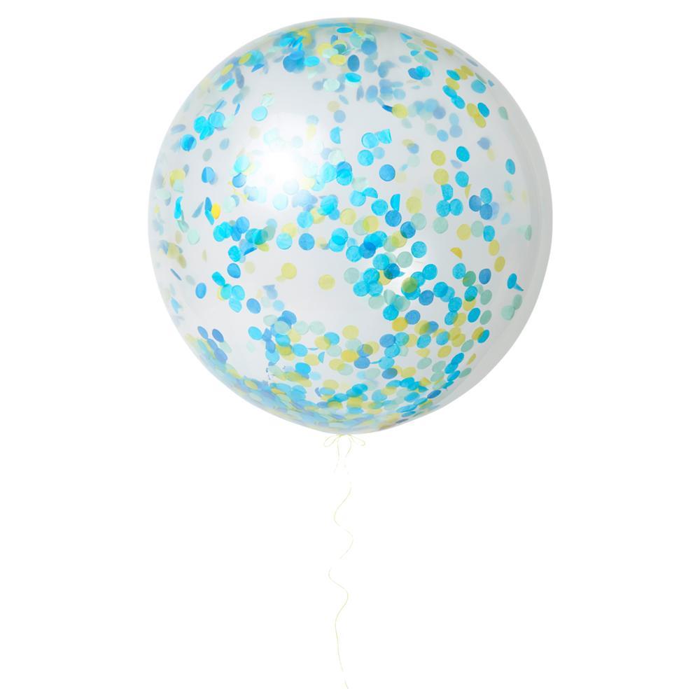 Giant Blue Confetti Balloon with sea blue and green confetti floating against a white background by Meri Meri.