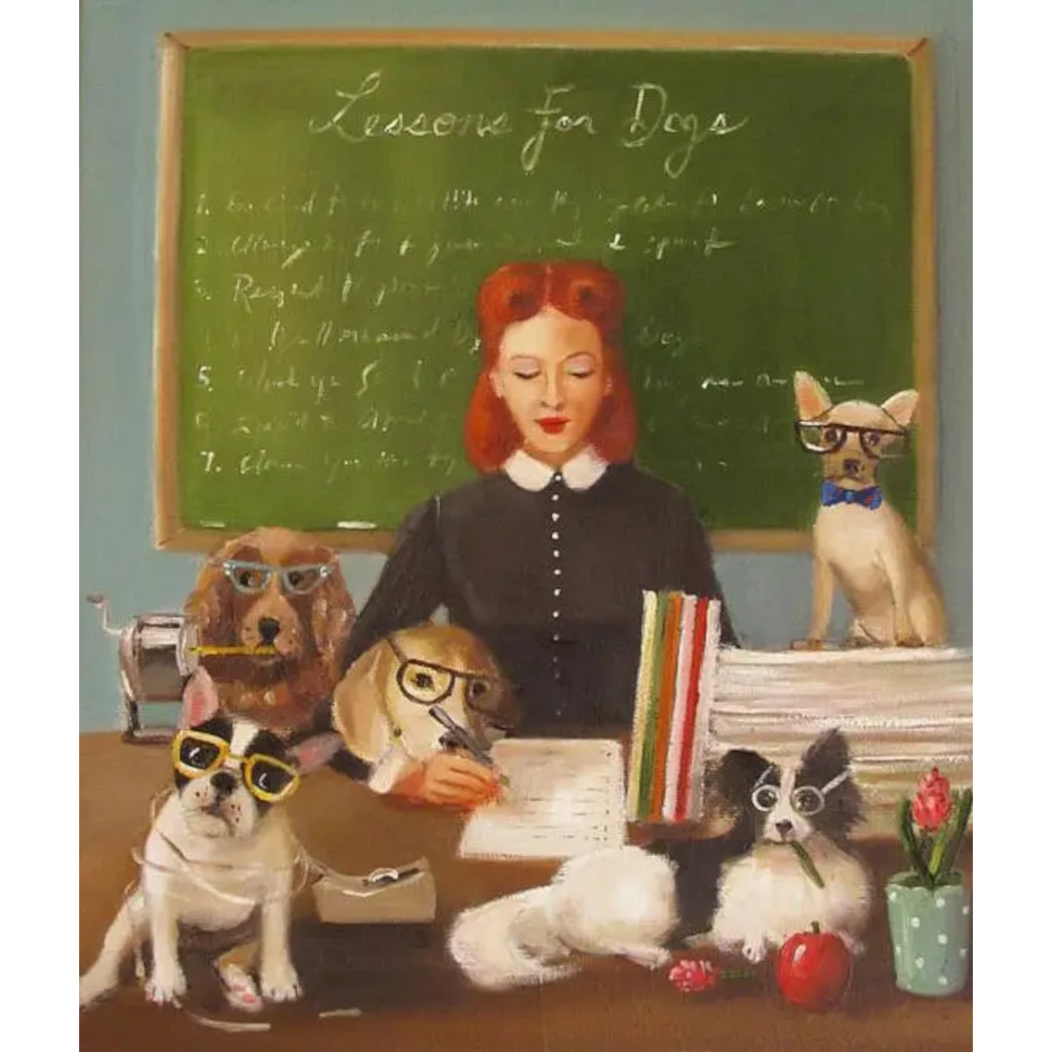 A whimsical painting by Janet Hill depicting a woman teaching a class of dogs wearing glasses, with a chalkboard titled &quot;lessons for dogs&quot; in the background, available as a Miss Moon Lesson Seven Small Art Print by Janet Hill.