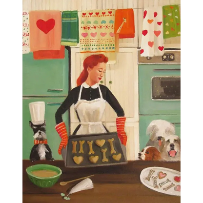 A painting by Janet Hill of a woman taking baked goods out of the oven, with three eager dogs watching featuring a Miss Moon Lesson Fifteen Small Art Print.