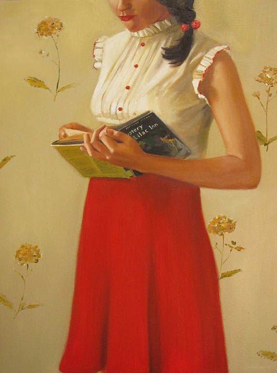 A painterly illustration of a woman in a white blouse and red skirt, seen from nose to above her knees, reading a novel against a beige flower-patterned wallpaper background.
