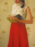 A painterly illustration of a woman in a white blouse and red skirt, seen from nose to above her knees, reading a novel against a beige flower-patterned wallpaper background.