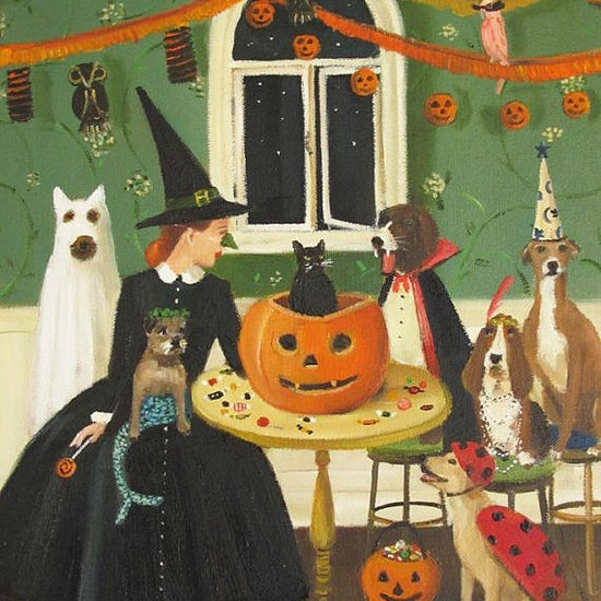 Janet Hill, a fine artist, has created an exquisite Miss Moon Lesson Ten Small Art Print depicting a witch and her dogs at a Halloween party.