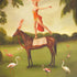 A painting on heavyweight matte fine art paper of Tallulah Shaw rehearsing atop a horse surrounded by flamingos, by Janet Hill.