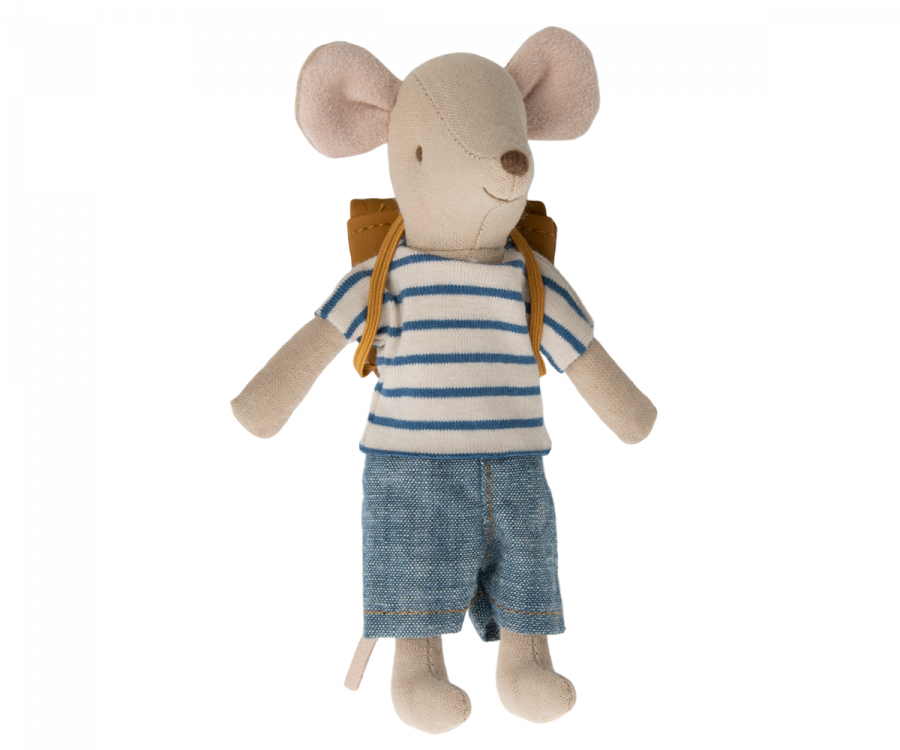 A Maileg Tricycle Mouse, Big Brother with Bag wearing a striped shirt and carrying a school backpack.