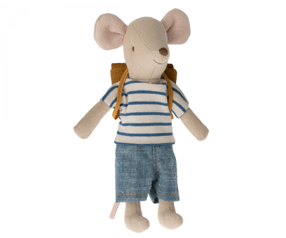 A Maileg Tricycle Mouse, Big Brother with Bag wearing a striped shirt and carrying a school backpack.