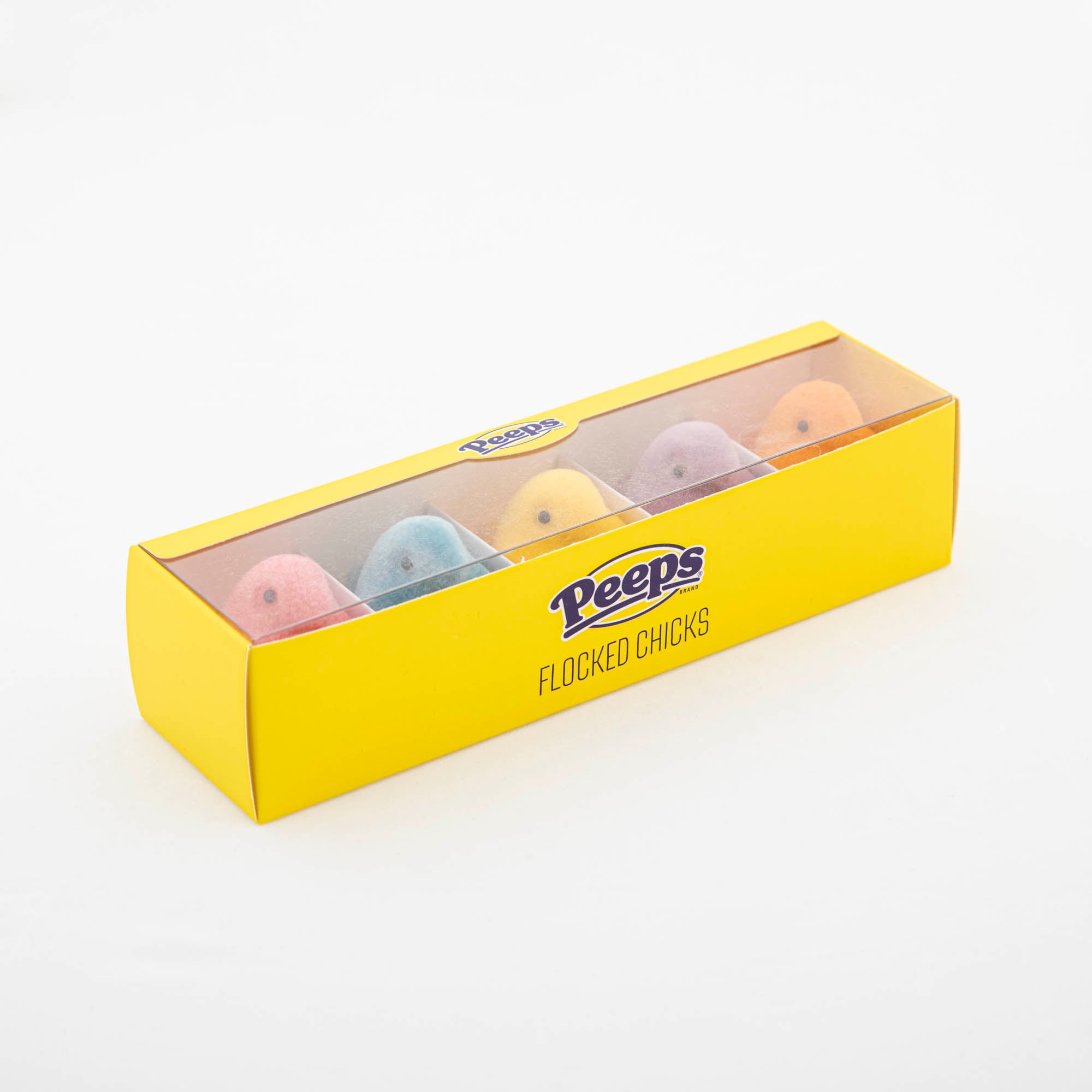 This Glitterville boxed set of Small Flocked PEEPS® Chicks is filled with marshmallow candies.