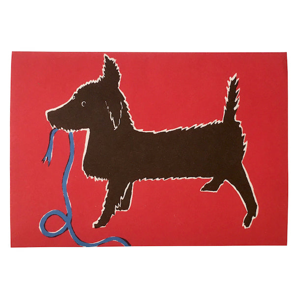A silhouette of a dog holding a leash on a Very Naughty Dog Card by Cambridge Imprint.
