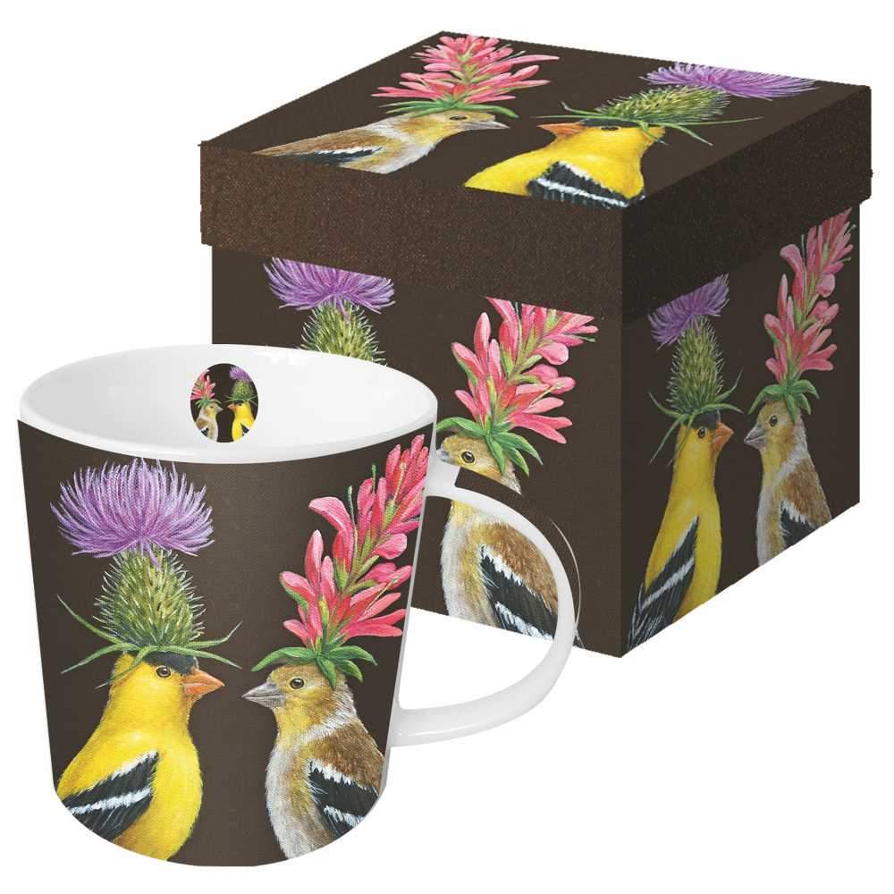 A new bone china mug and a box with matching Goldfinch Couple Mug in Gift Box with artwork and floral print designs by Paper Products Design.