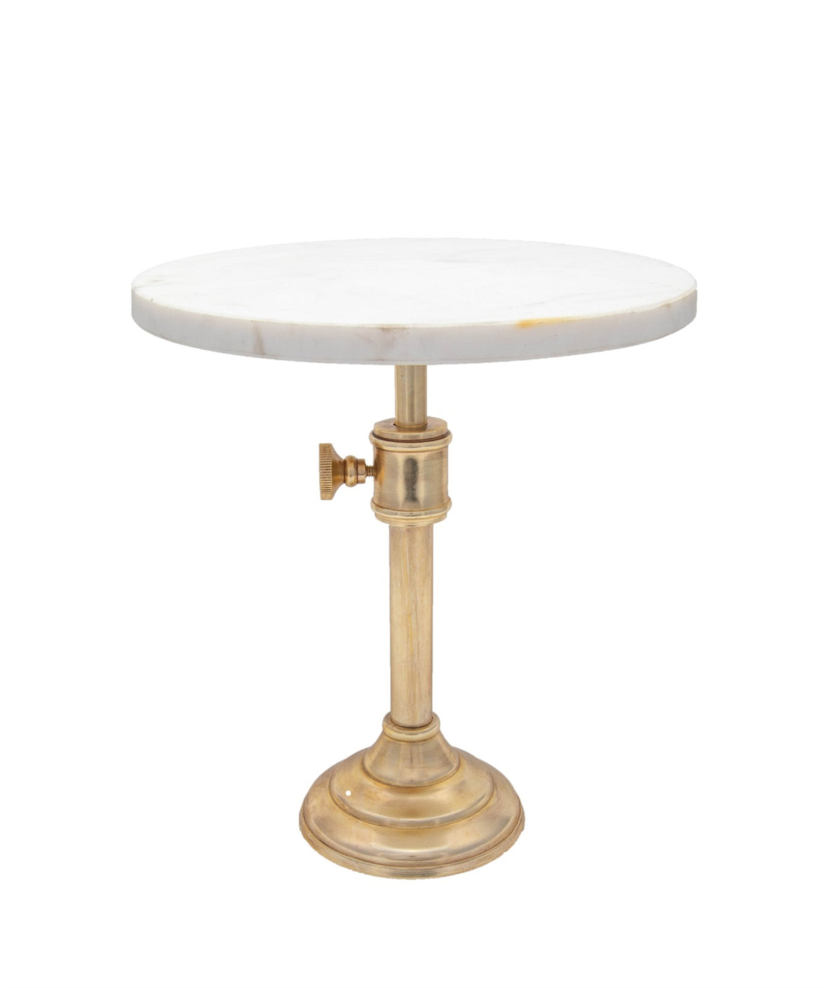 An adjustable cake plate with marble top on a white background. 