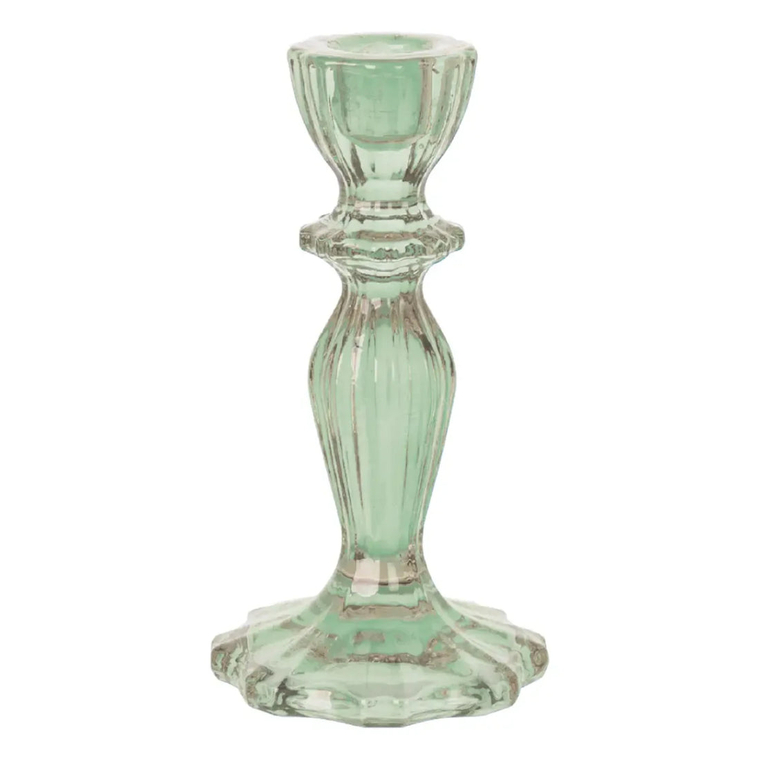 Green pressed glass taper candle holder.