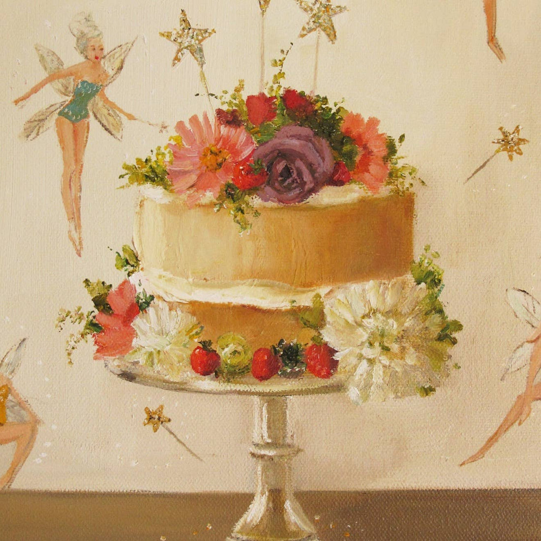 A Fairy Cake Small Art Print by Janet Hill, depicting a cake adorned with flowers and berries, encircled by illustrations of fairies and golden stars.
