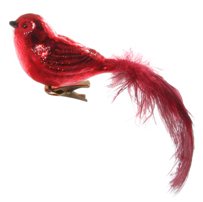 Red Glass Bird with Tail Feathers