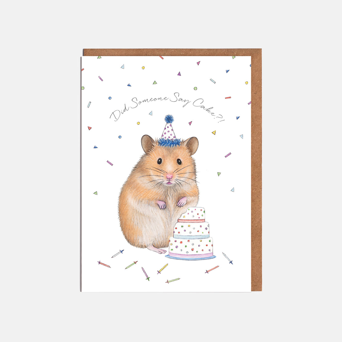A delightful Hamster &amp; Cake Birthday Card featuring a hamster with birthday wishes by Lottie Murphy.