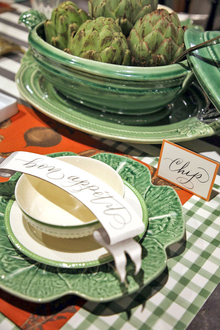 Table setting with Dark Green Painted Check Placemat