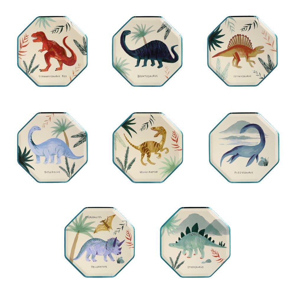 Nine Dinosaur Kingdom Side Plates by Meri Meri, each featuring an octagonal illustration of a different dinosaur with its name labeled, displayed in a grid format for a dinosaur party.