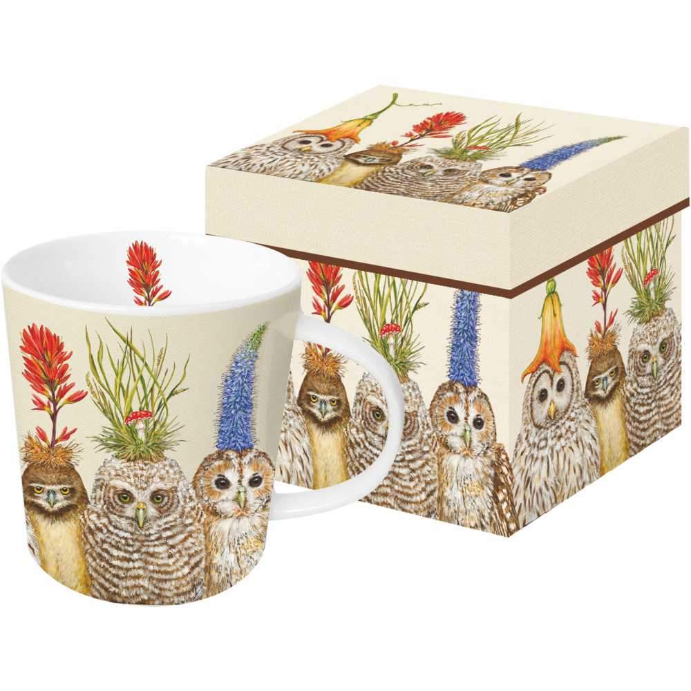 A new Big Hat Mug in Gift Box and matching box set featuring illustrations of owls with botanical headpieces and Big Hat artwork by Paper Products Design.
