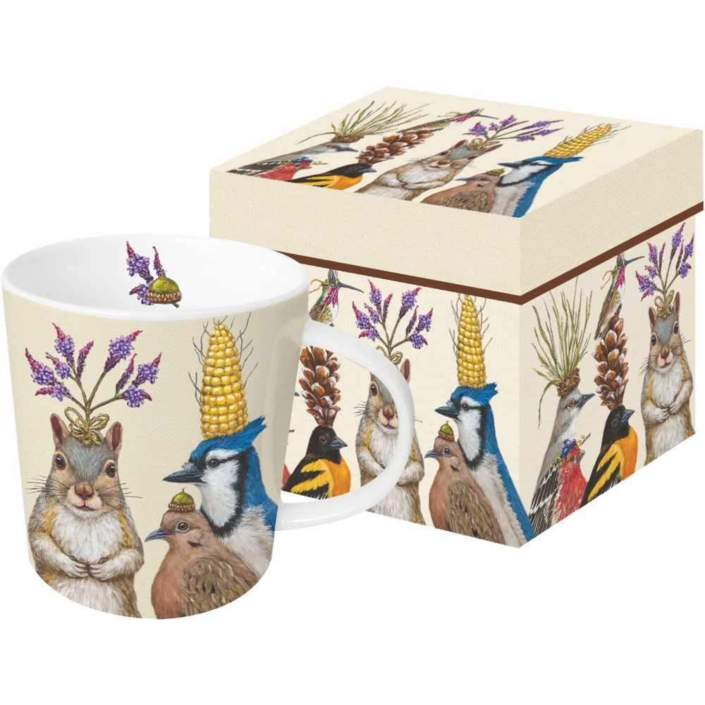 A Paper Products Design Party Snacks Mug in Gift Box with illustrations of whimsical animals wearing hats made of flowers and fruits, crafted from new bone china.