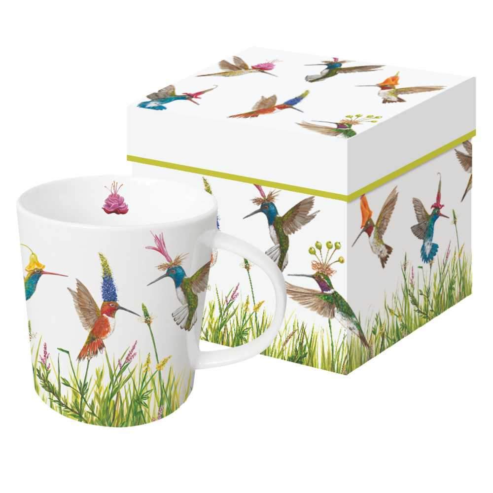A white Meadow Buzz coffee mug with colorful hummingbird illustrations by Vicki Sawyer and a matching decorative gift box with the same design by Paper Products Design.