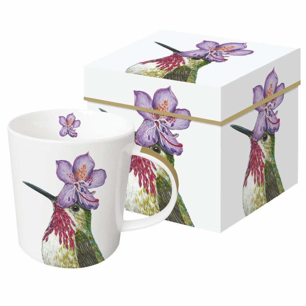 A new Pat Mug in Gift Box with matching illustrations of a hummingbird and purple flowers, featuring Vicki Sawyer artwork by Paper Products Design.