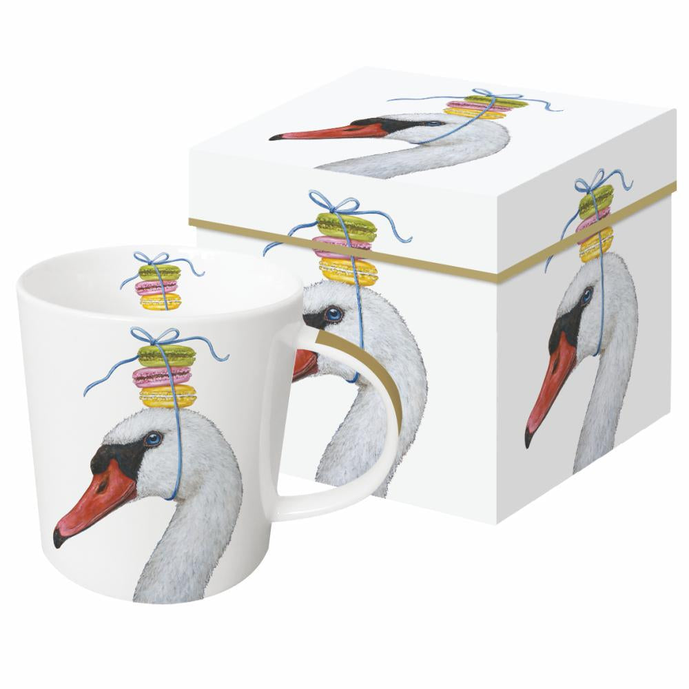 White Giselle mug with Vicki Sawyer swan illustration and matching Paper Products Design gift box.