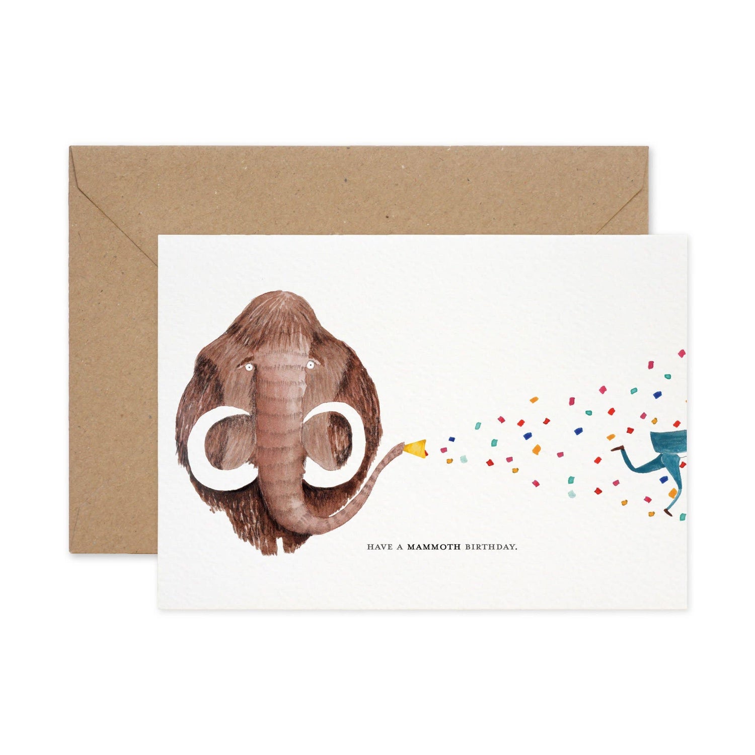 Illustration of a mammoth with the trunk blowing colorful confetti, alongside hand lettering &quot;have a mammoth birthday,&quot; with an envelope in the background on the Paper Parade Stationers Mammoth Birthday Card.