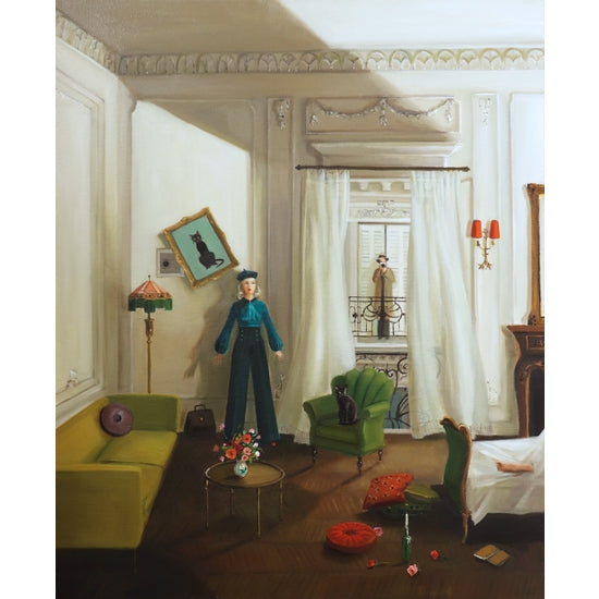 An elegant vintage room, depicted by fine artist Janet Hill, showcases an illustrated man standing amidst furniture and scattered objects in the Life Like a French Spy Novel Small Art Print.