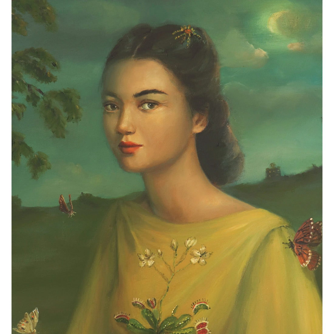 A portrait of a woman in a yellow dress with butterfly motifs, created by Canadian fine artist Janet Hill, set against a pastoral landscape with trees and a distant structure featuring the Venus Fly Trap Art Print.