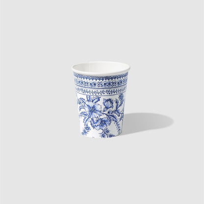 A Blue French Toile Paper Party Dinnerware cup featuring floral toile dinnerware design, inspired by the French countryside, made by Coterie Party Supplies.