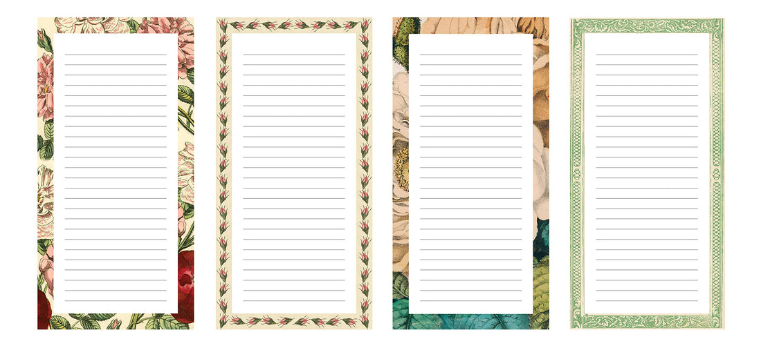 Four page designs featuring floral borders around lined note sheets. 