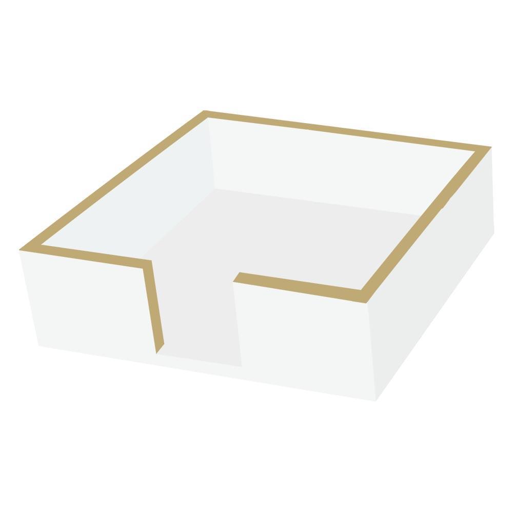 A white lacquered cocktail napkin holder with gold trim. 
