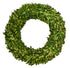 A Mills Floral Company Preserved Boxwood Country Manor Wreath is hanging on a wooden wall.