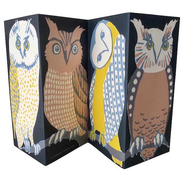 Four stylized owl illustrations on a Wise Old Birds Card by Cambridge Imprint for bird lovers.