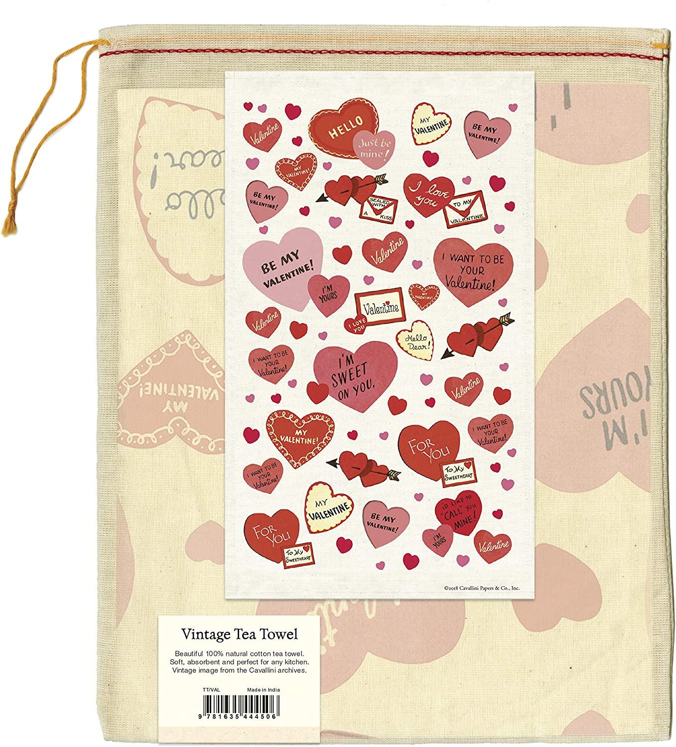 Vintage Cavallini Papers &amp; Co Valentine Hearts Tea Towel made of natural cotton.