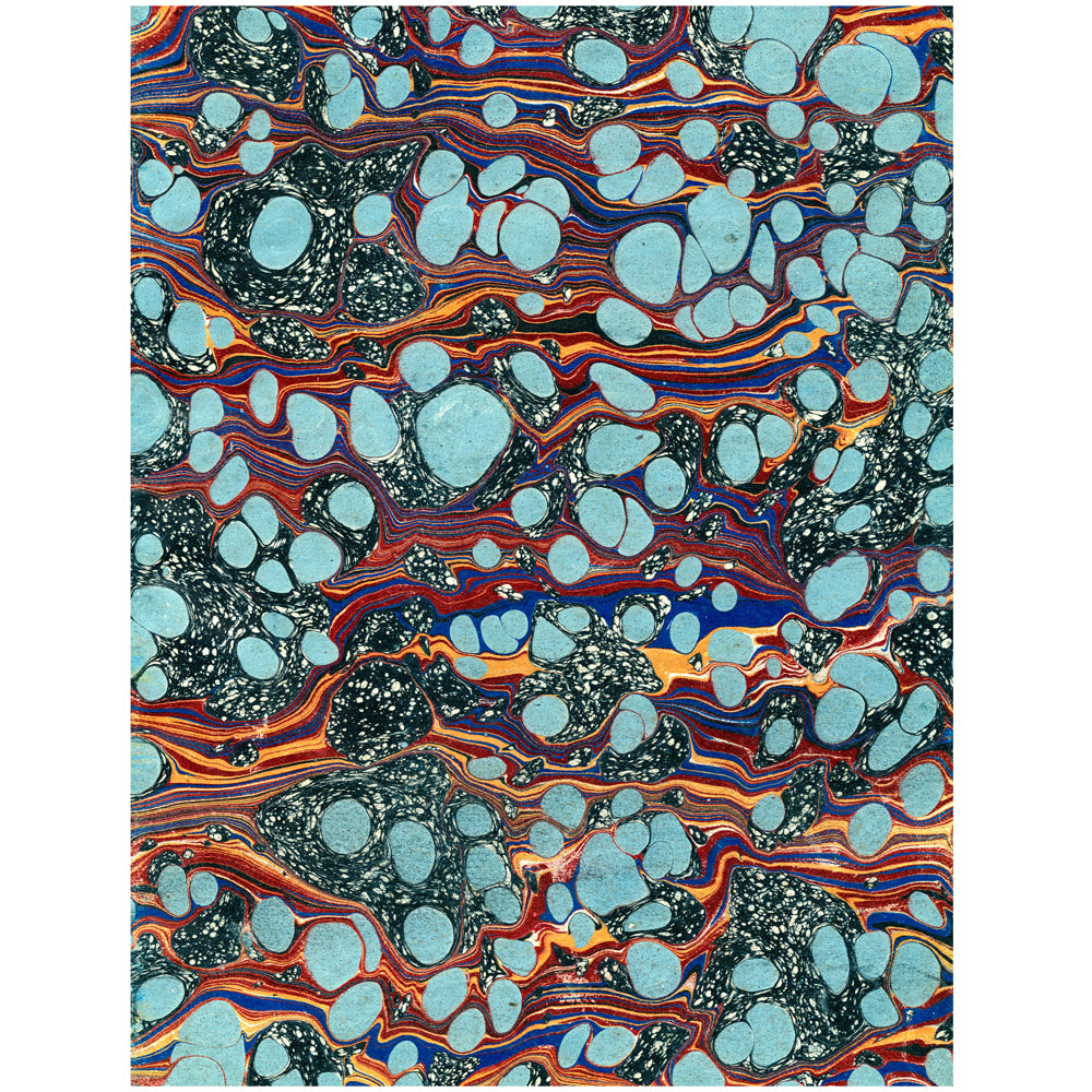 A sheet of wrapping paper that is black, white, blue, orange, and red marbled against a white background. 