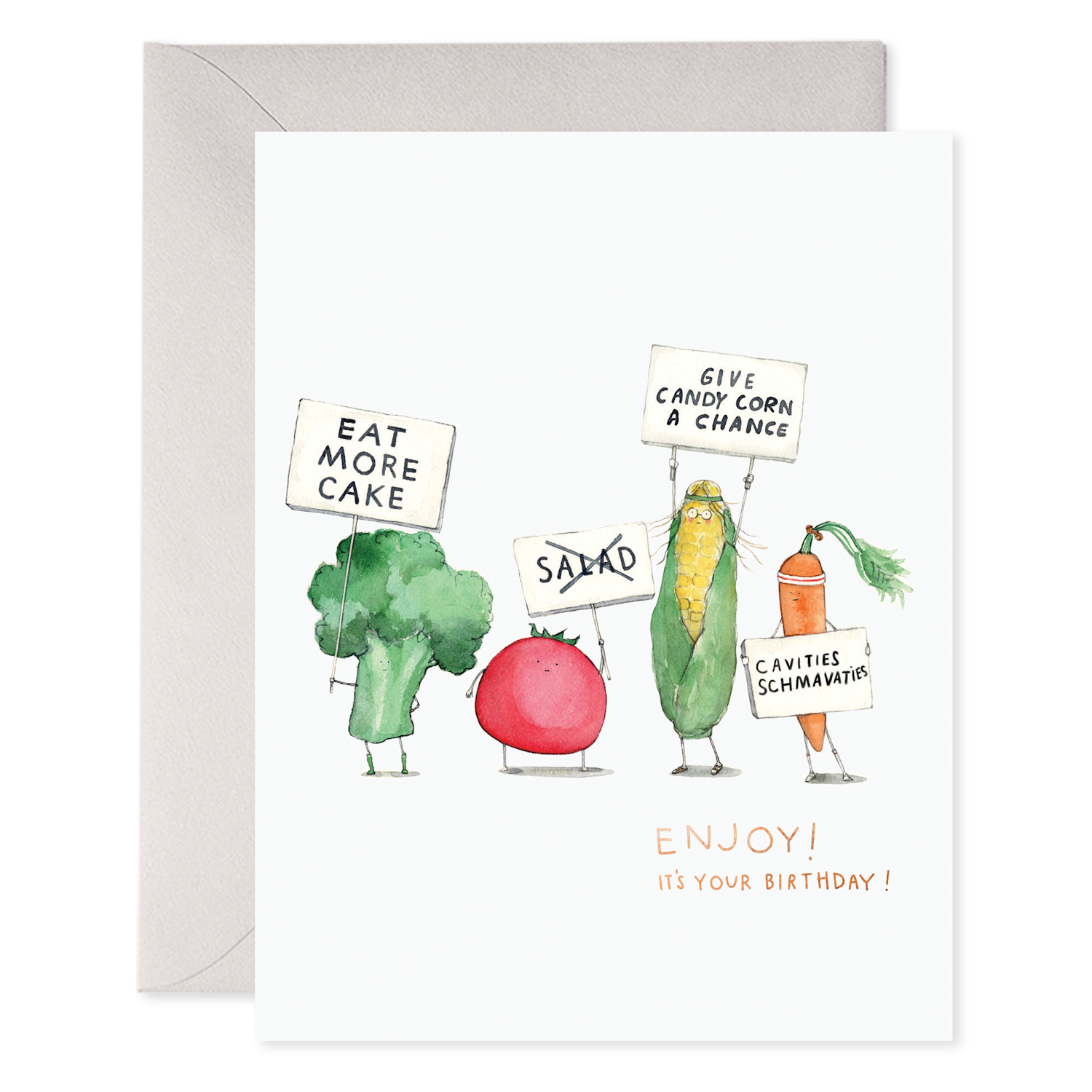 Cartoon vegetables and E. Frances Veggie Strike card sweets with humorous slogans on a birthday card.