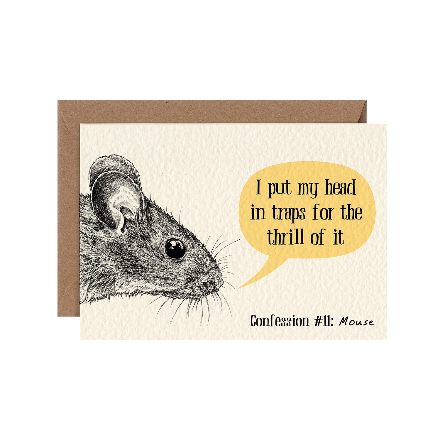 A humorously illustrated I Put My Head in a Trap for the Thrill of it Card featuring a mouse, designed by Hester &amp; Cook, holding a card with a speech bubble saying, &quot;I don&