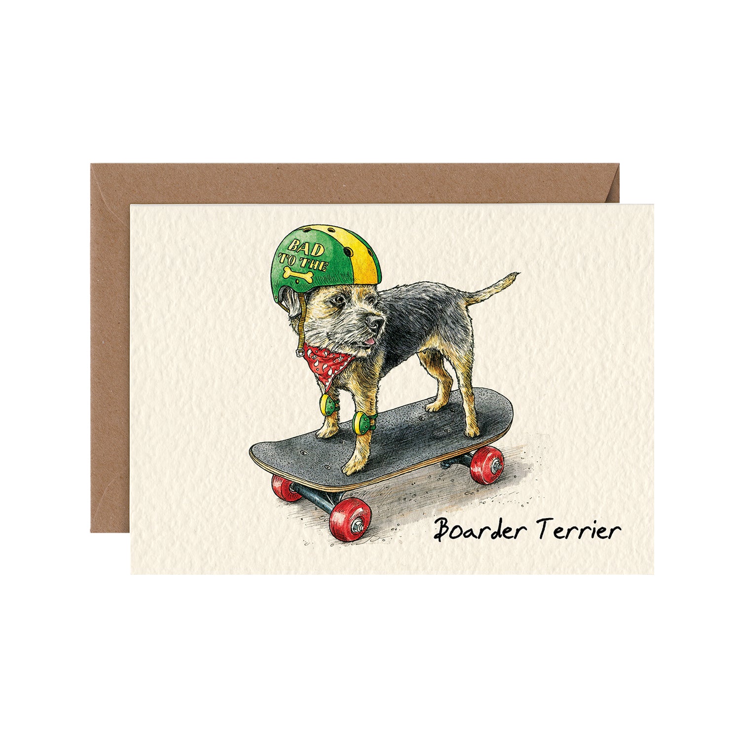 A Hester &amp; Cook Border Terrier greeting card showcasing a dog riding a skateboard, perfect for dog lovers.