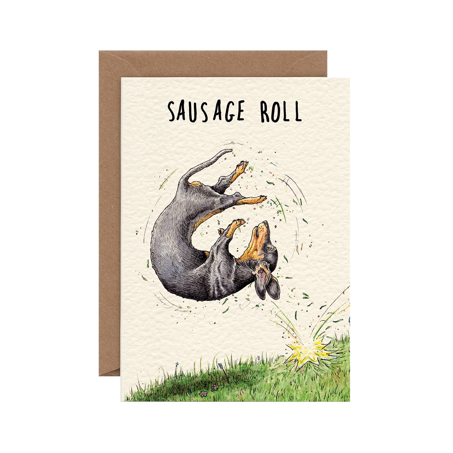 A funny illustration of a dachshund tumbling down a grassy hill, under the caption &quot;Sausage Roll&quot;.