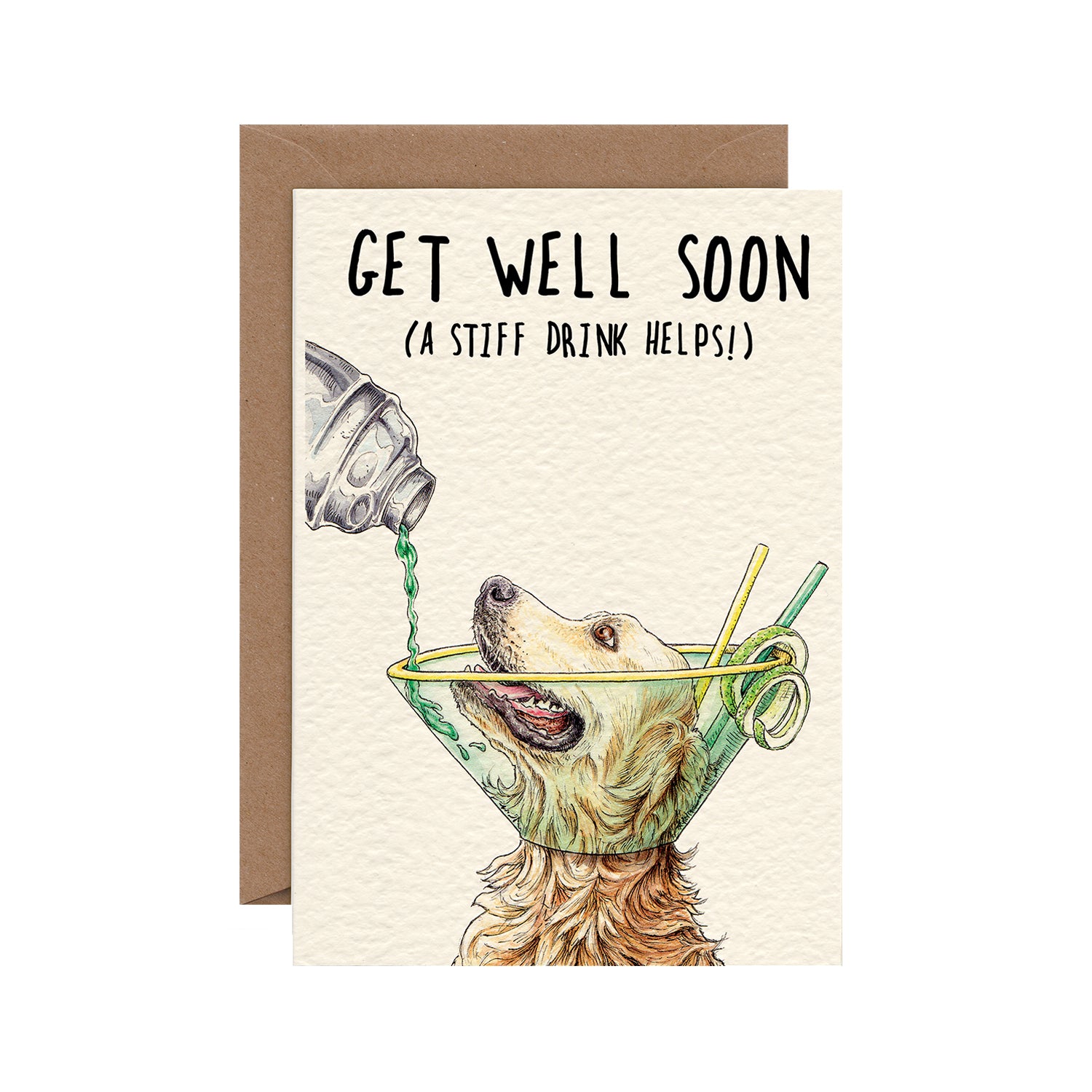 A Hester &amp; Cook Get Well Soon Dog Card with an image of a dog enjoying a stiff drink from a martini glass.